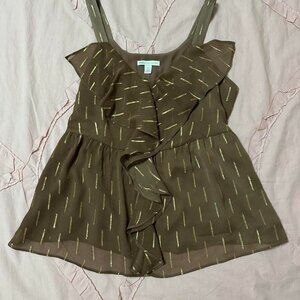 Cato brown ruffle blouse with silver/gold accents.